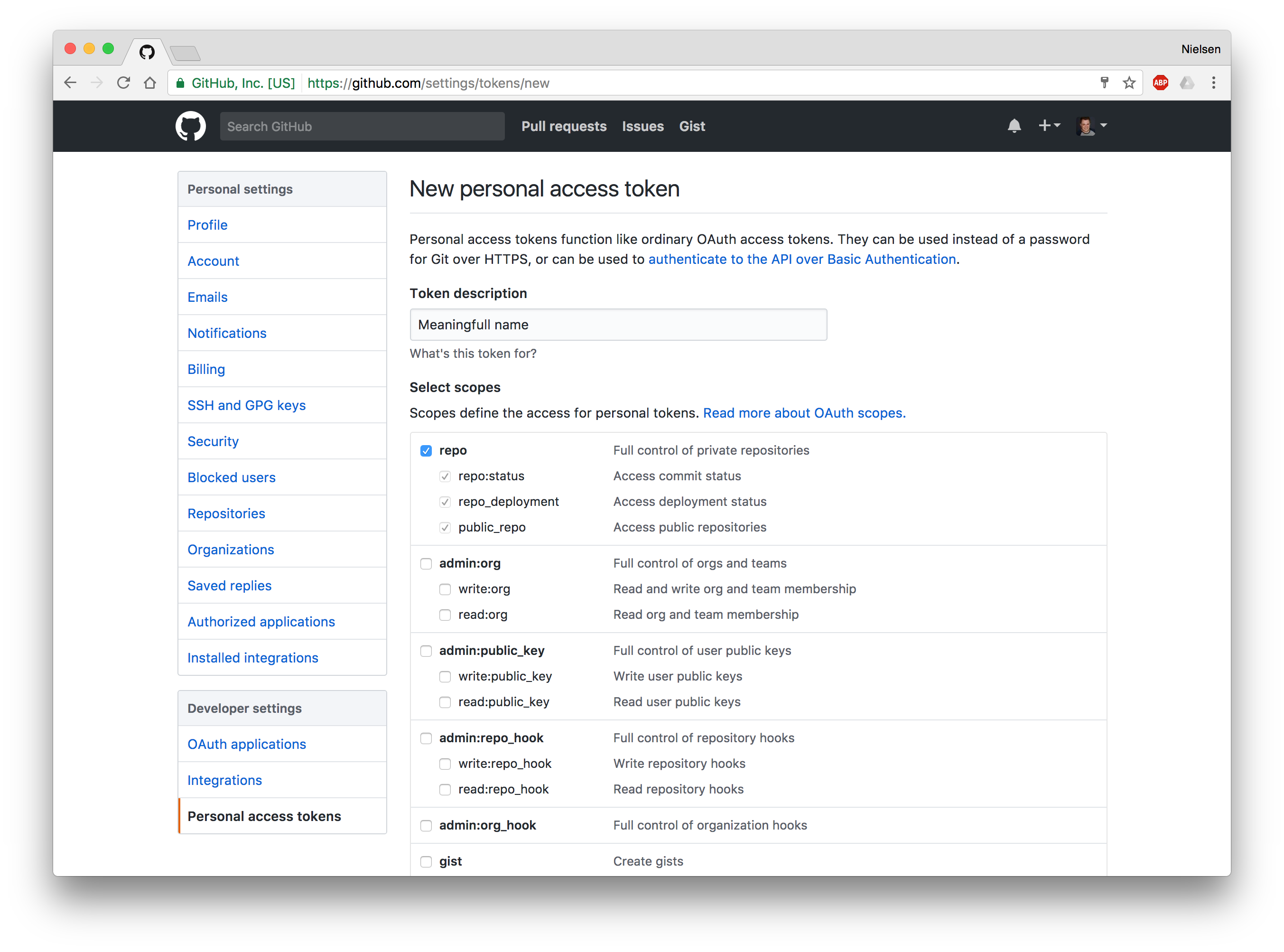 alt Personal access token settings