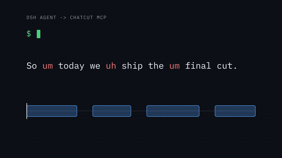 demo: agent removes filler words, timeline ripples closed