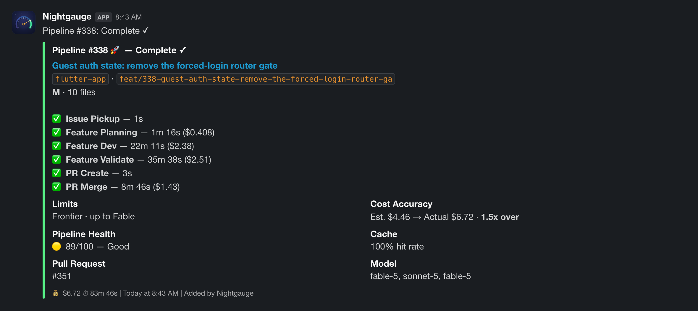 Slack notification attachment for a merged pipeline run — issue, PR, stage summary and cost