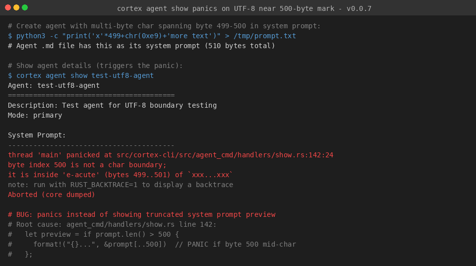 cortex agent show UTF-8 panic