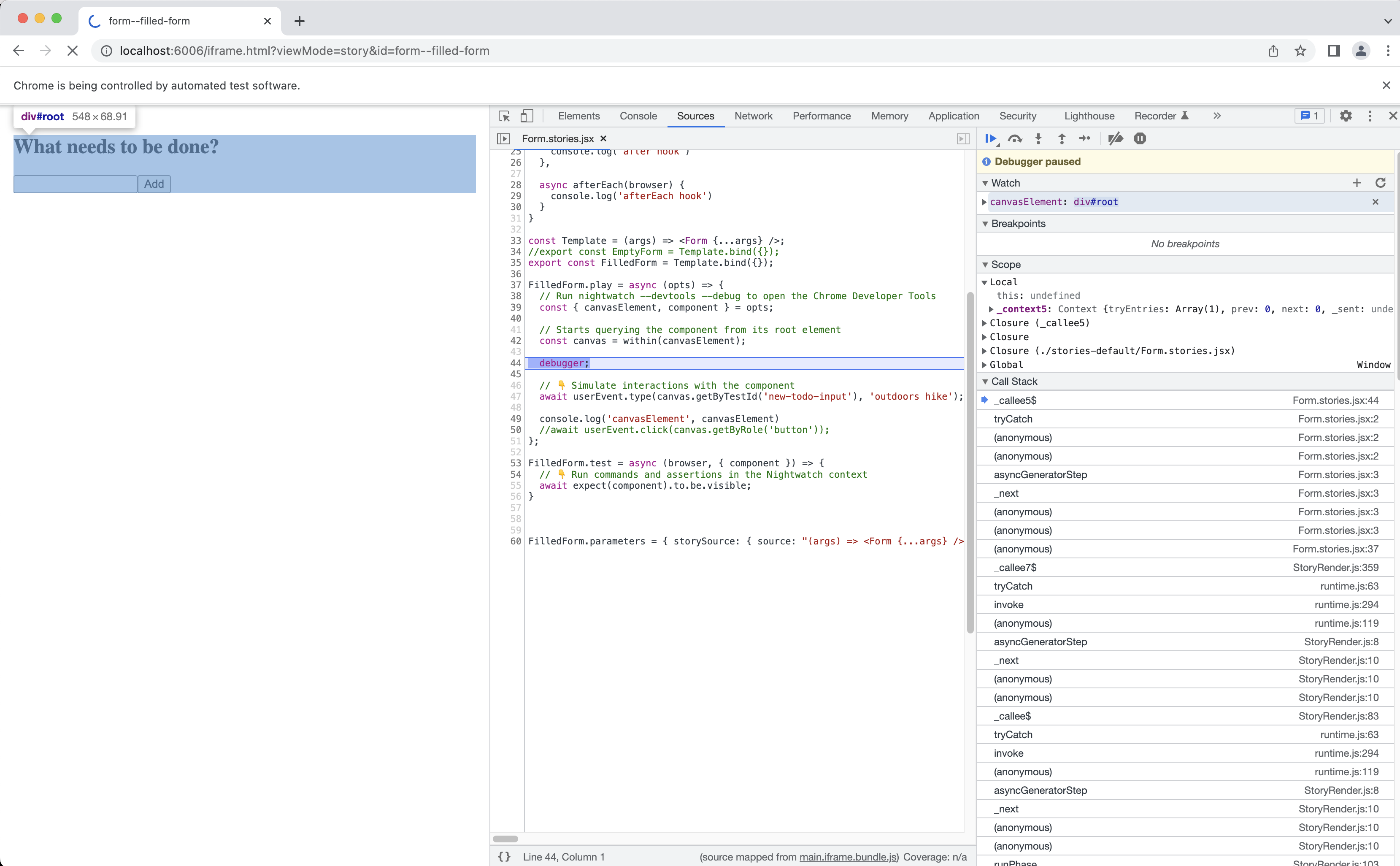 Screenshot of the Chrome Devtools debugger paused at a breakpoint