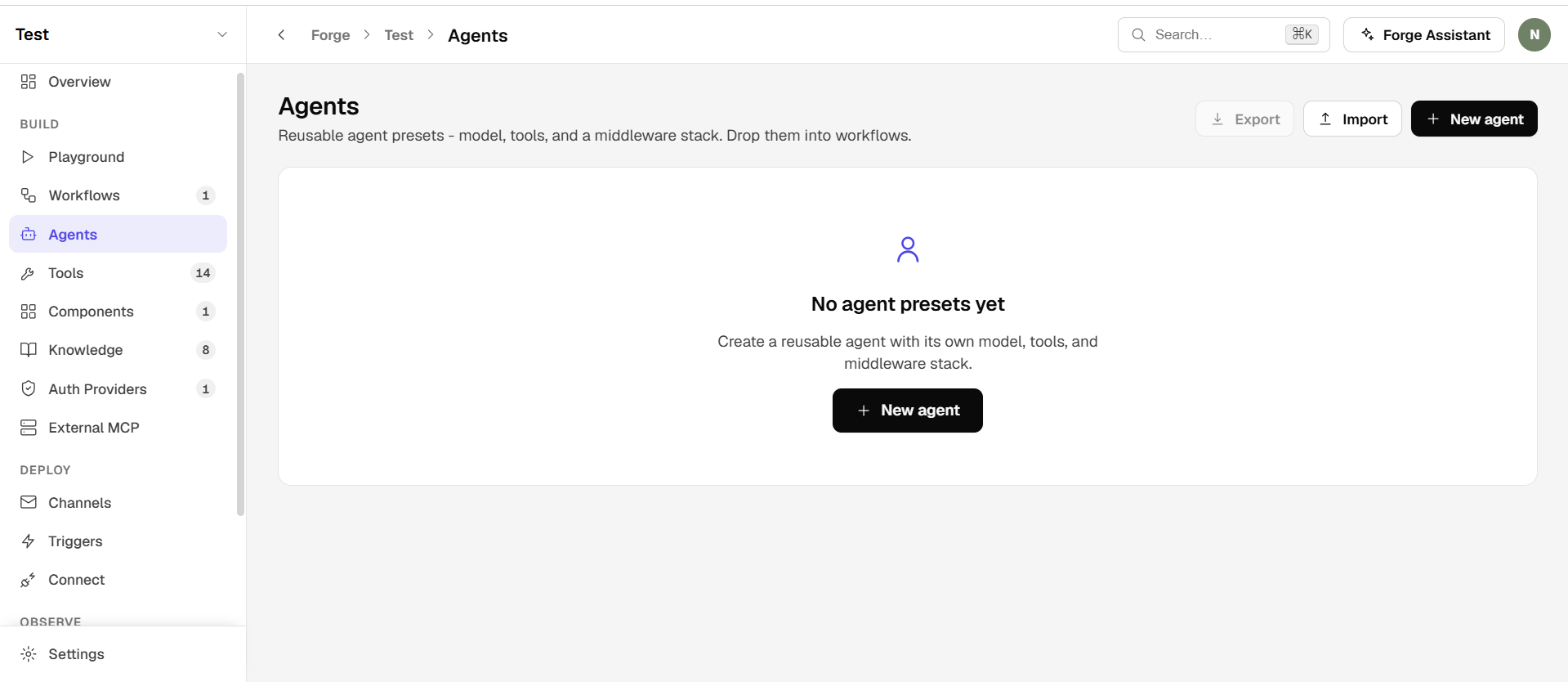 Forge visual agent builder with model, instructions, tools, and a 'what the model sees' panel