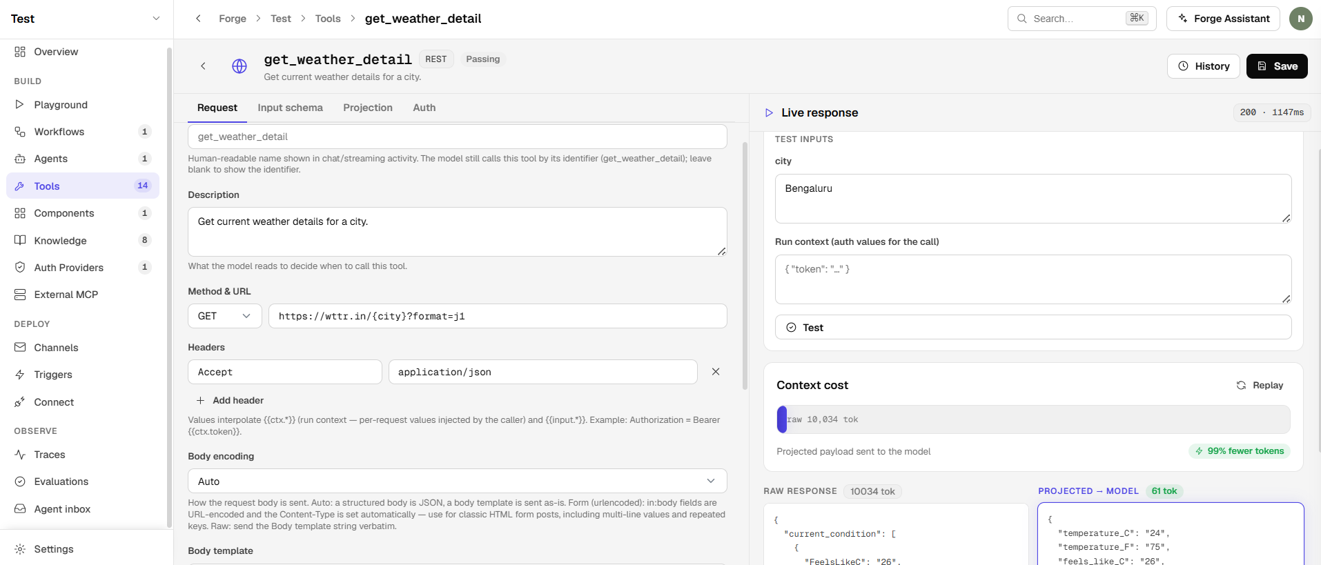 Forge tool builder with request config, live response, and a raw-to-projected token cost meter