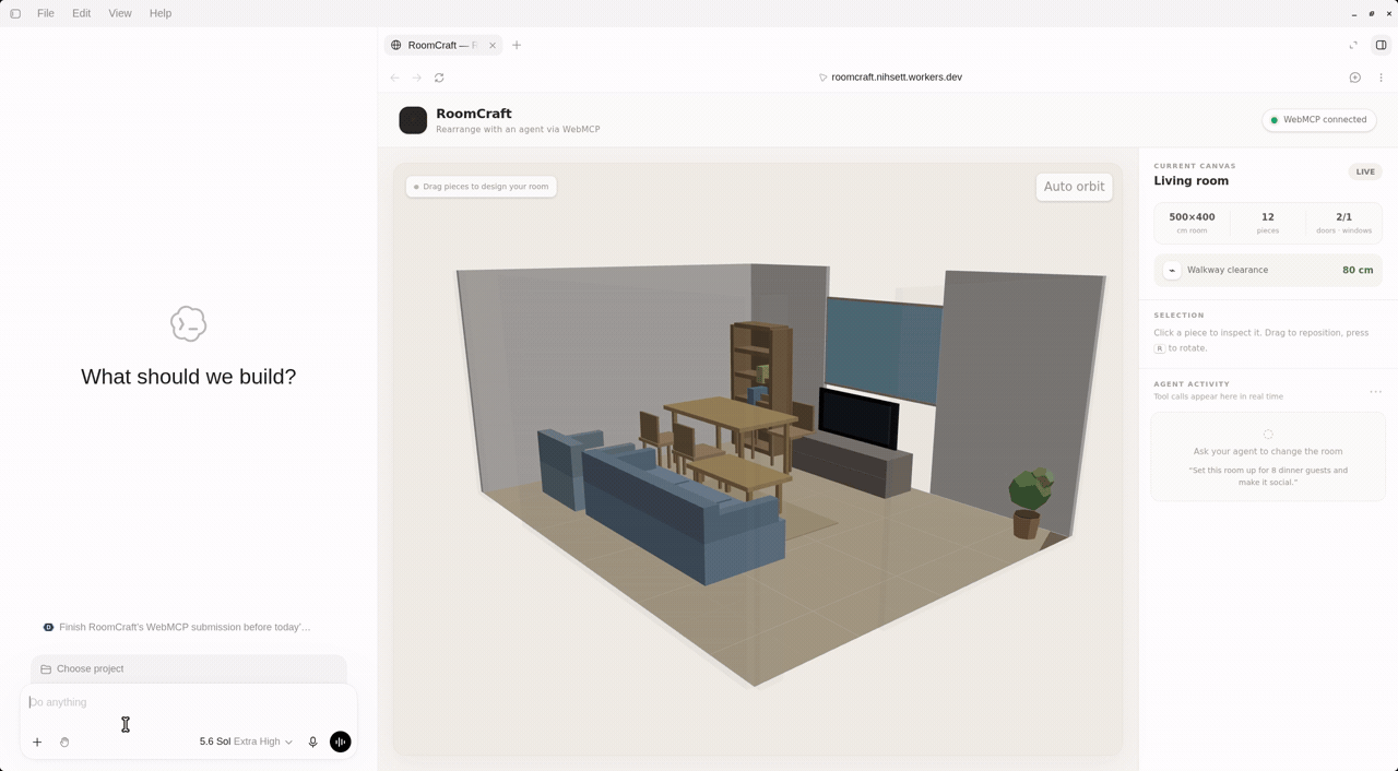 RoomCraft turns a living room into an eight-person dining room, then verifies a green 90 cm wheelchair route.
