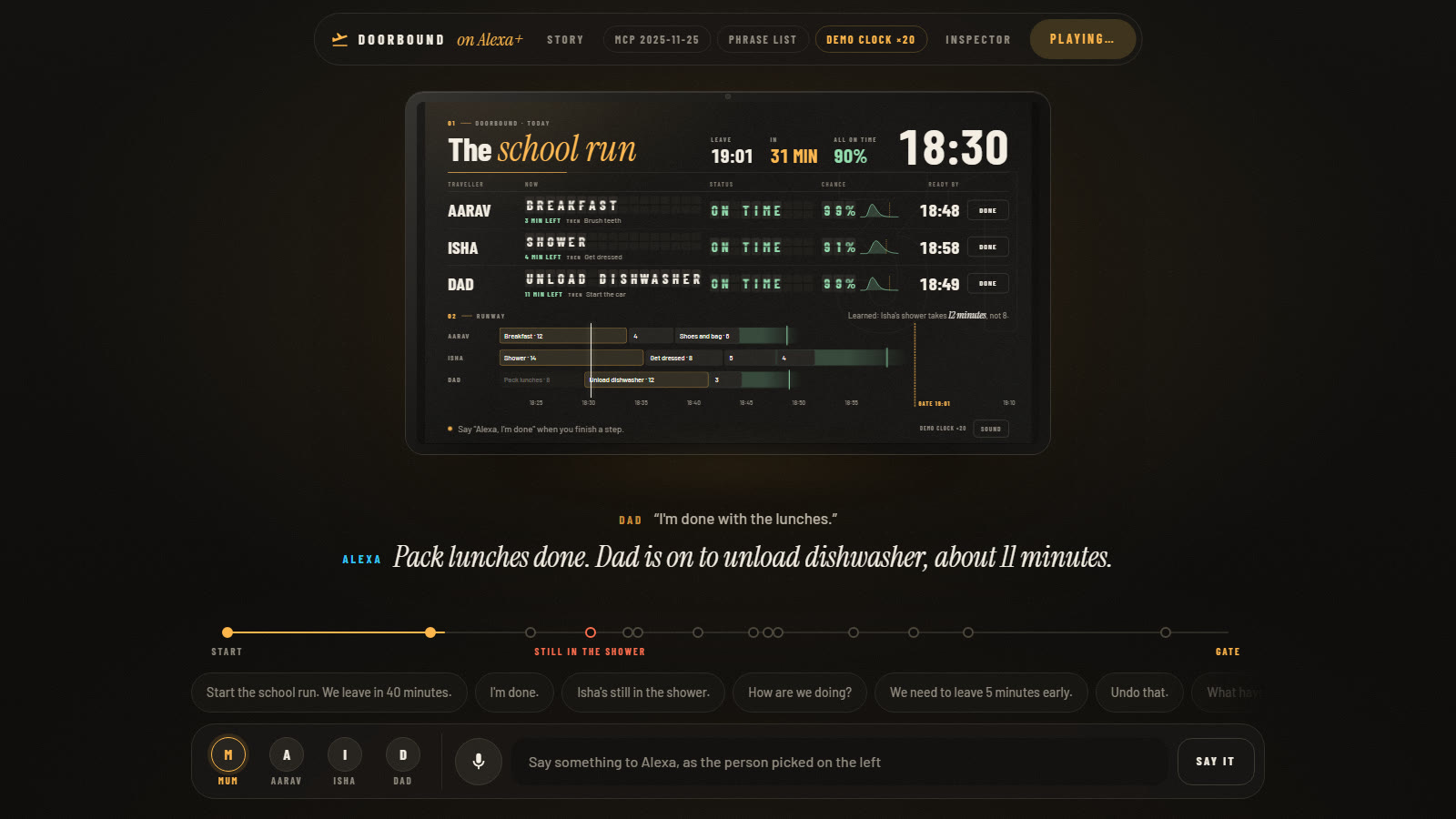 The simulator: the Echo Show on the wall, Alexa's answer as a subtitle, and every MCP message in the inspector