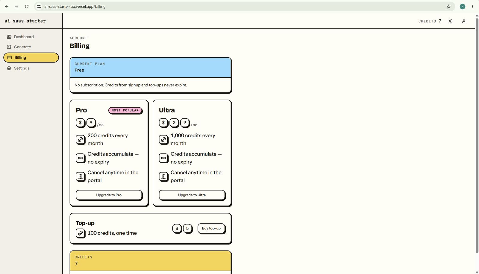 Billing page with plan cards rendered from one config file