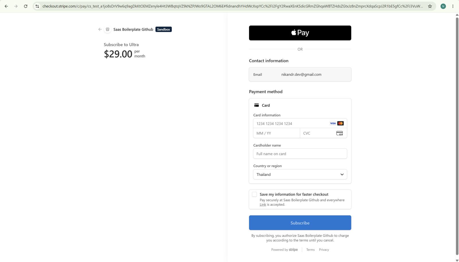 Stripe Checkout test-mode payment page for the Pro plan subscription