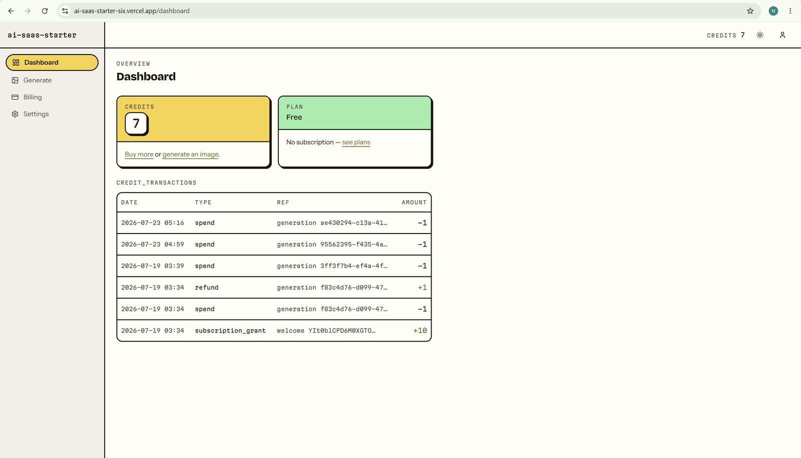 Credits ledger dashboard of the Next.js SaaS starter — every transaction is an append-only row