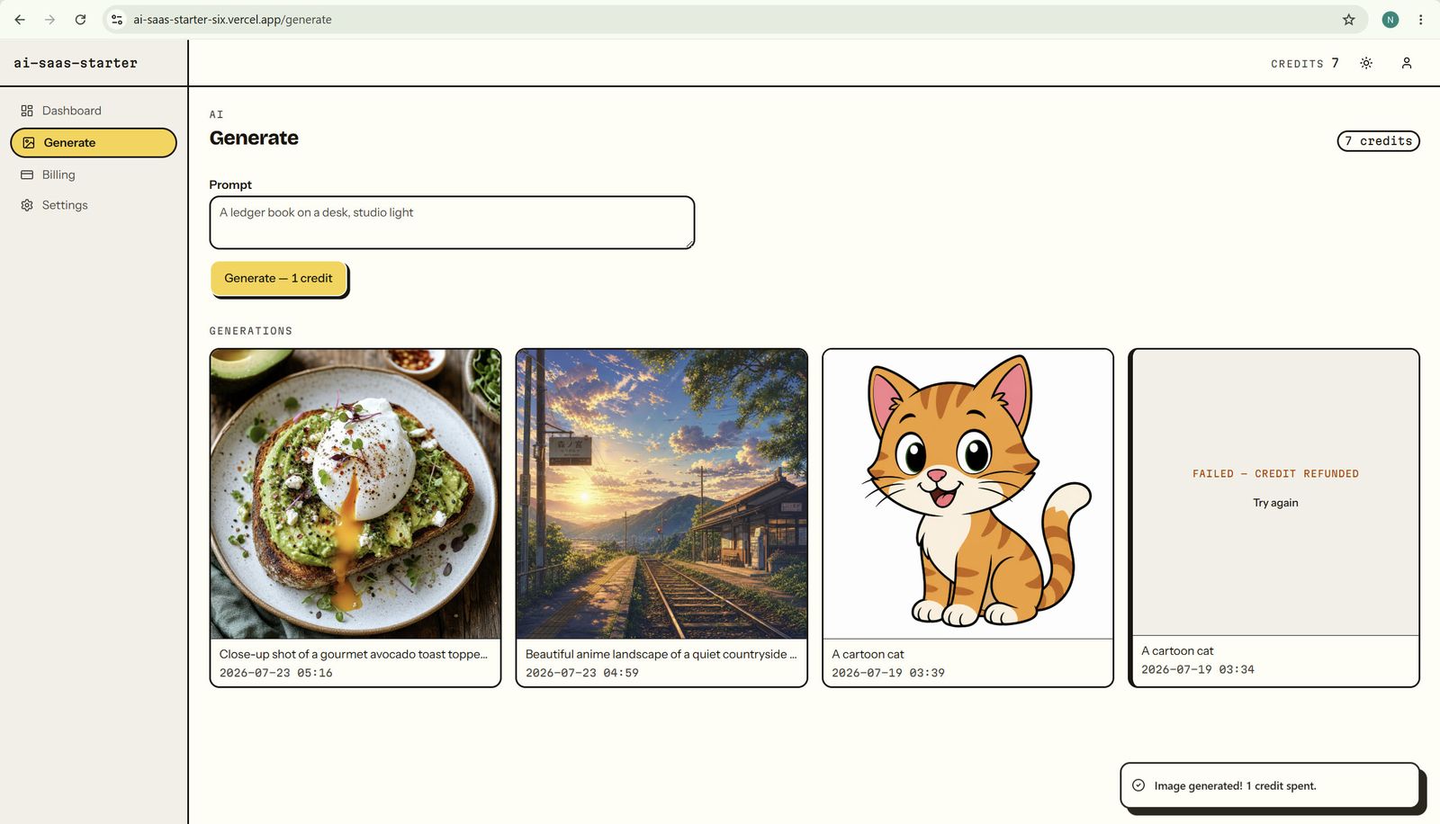 AI generation history with a failed tile — failure refunds automatically, pinned by tests