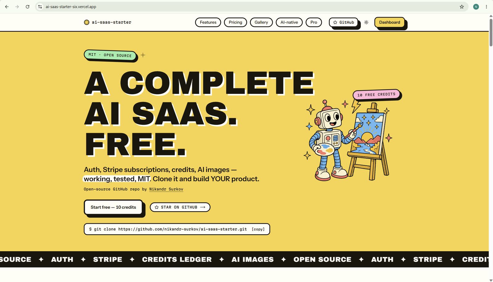 Landing page of ai-saas-starter — free open-source Next.js SaaS boilerplate with auth, Stripe, and a credits ledger
