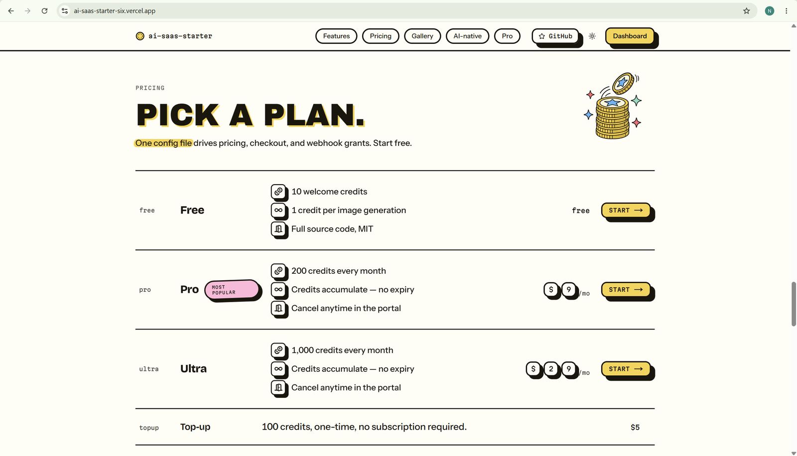 Pricing page of the SaaS starter — plans read from one config file
