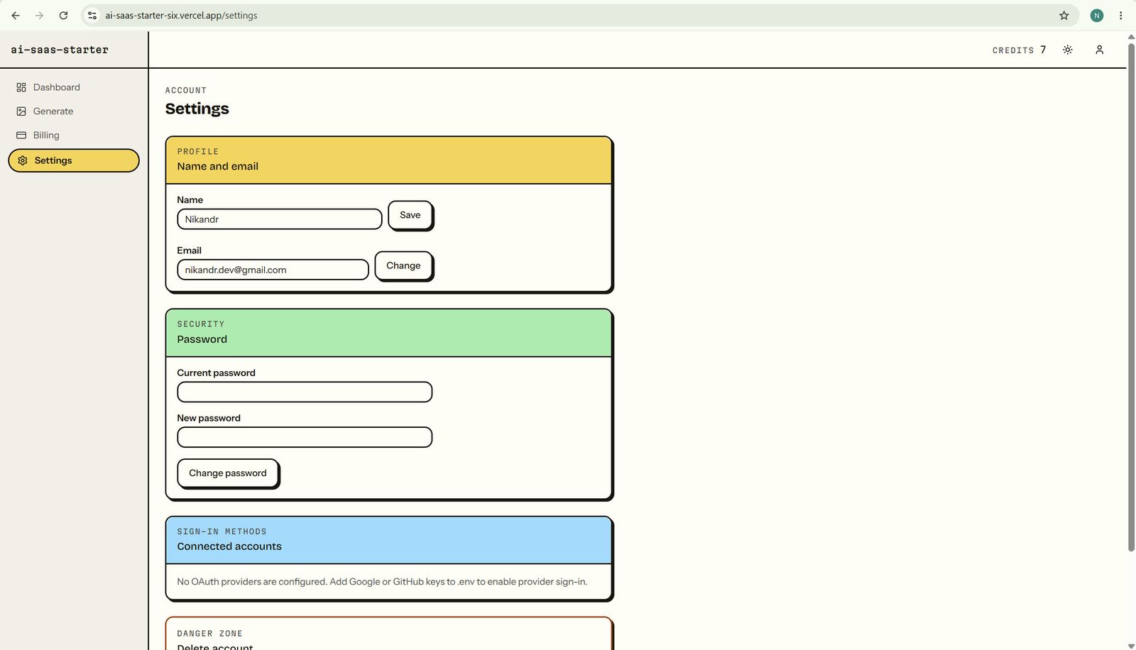Account settings page — auth, password change, connected accounts, danger zone
