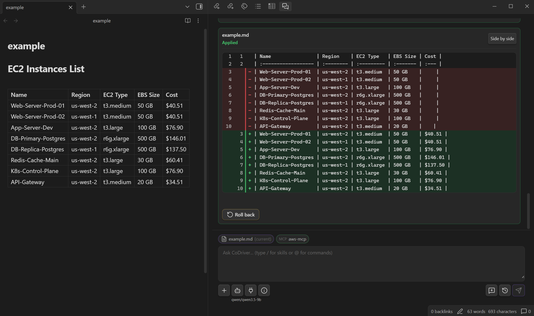 CoDriver note patch review with a unified diff and rollback