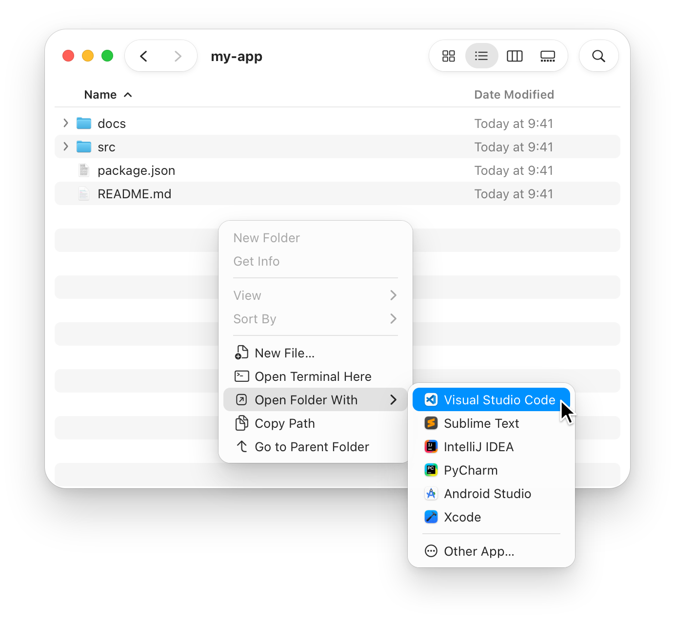 Finder's right-click menu in a folder: Finder's own items, then New File…, Open Terminal Here, Open Folder With (open, listing Visual Studio Code, Sublime Text, IntelliJ IDEA, PyCharm, Android Studio, Xcode and Other App…), Copy Path and Go to Parent Folder