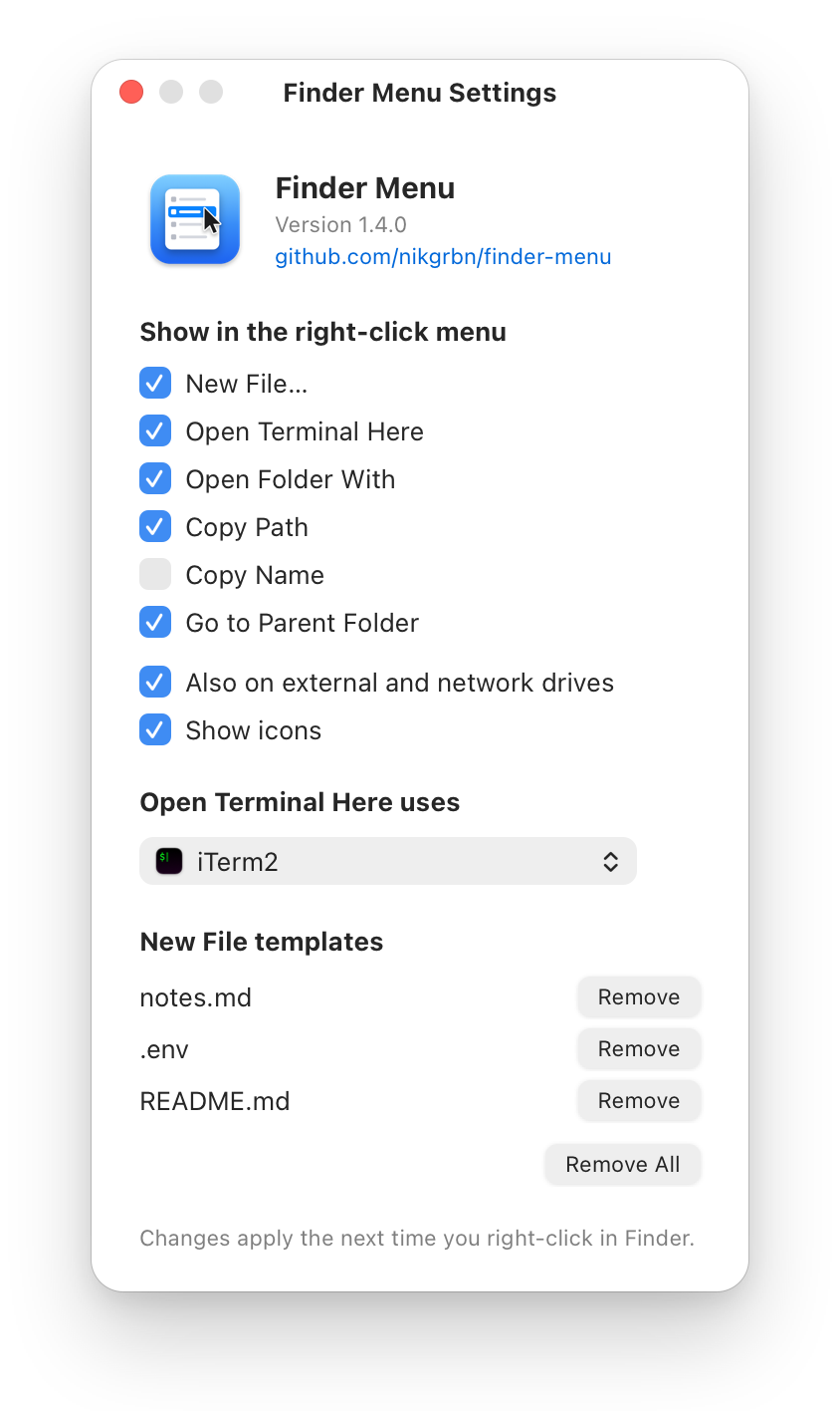 Finder Menu settings window: a checkbox for each right-click menu item and one for external and network drives, a picker for the terminal Open Terminal Here uses, and the saved New File templates, each with a Remove button