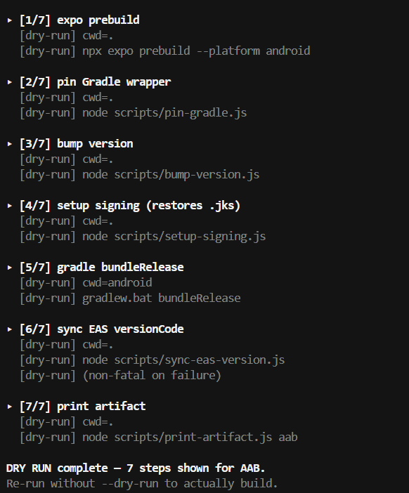 Dry-run output: the full 7-step build pipeline with no side effects