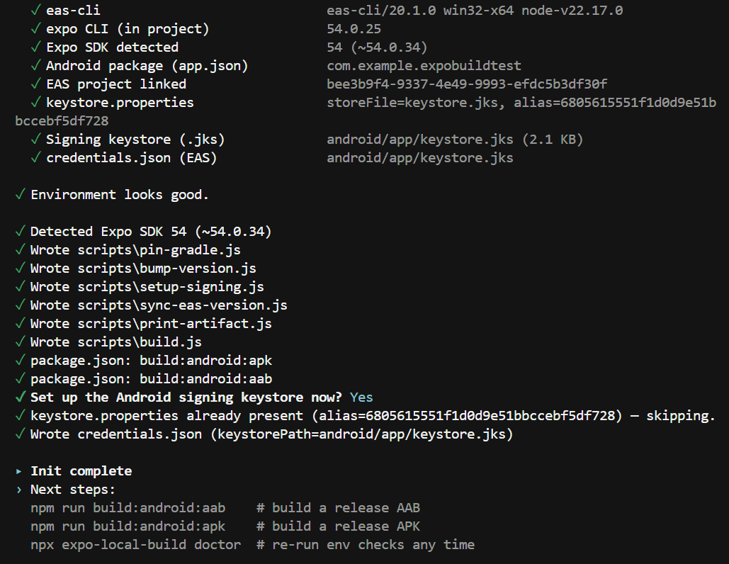 local-expo-build init: doctor pre-flight + scaffolding in one command