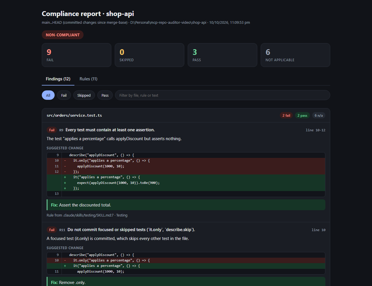 HTML compliance report showing the verdict, counts and suggested code changes