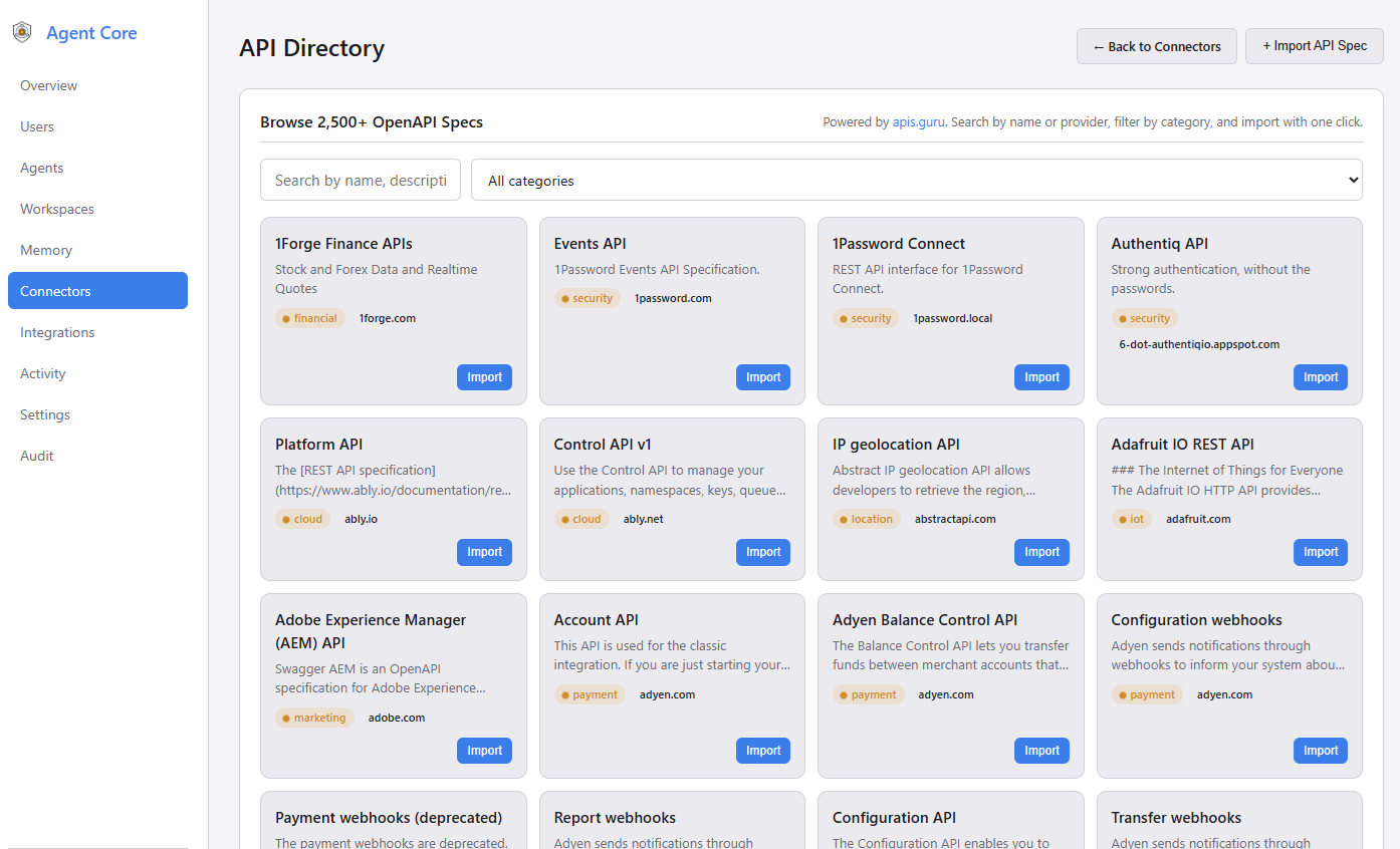 Agent Core service catalog
