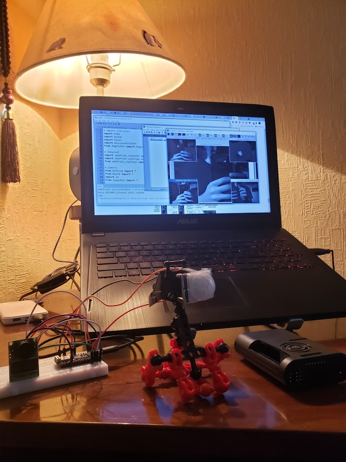 Nano RP2040 with the motion sensor and OV2640 and the Raspberry Pi 4 receiving the images