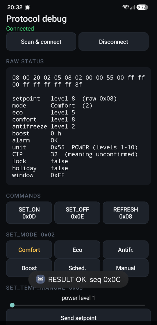 The debug screen: raw status frame in hex, decoded fields, and command buttons labelled with their opcodes