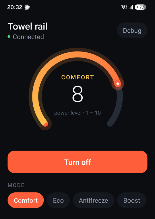 The control app: a circular setpoint dial showing Comfort at power level 8, with a Turn off button and mode chips