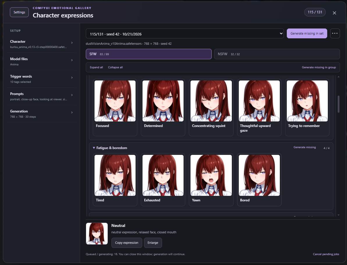 ComfyUI Emotional Gallery with grouped expressions and collapsible settings