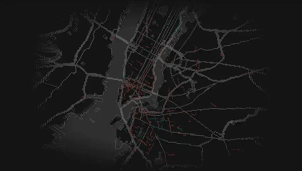 Animated trips moving across a low-resolution map