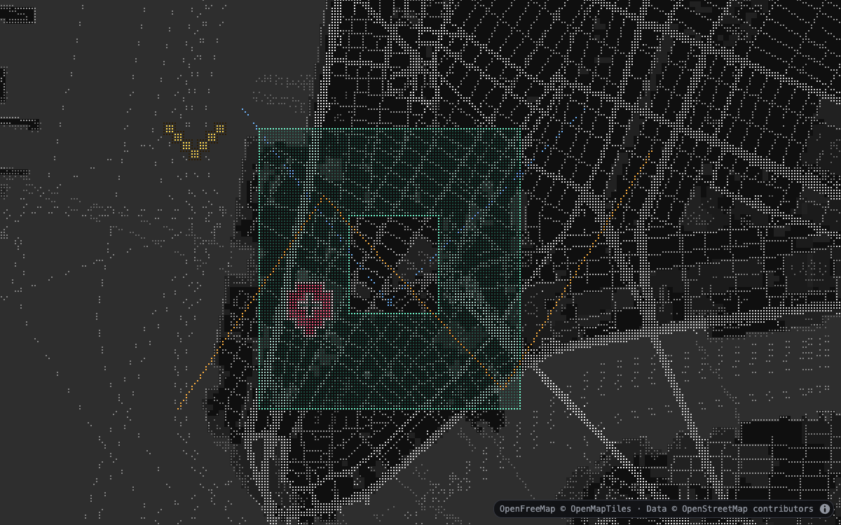Pixelated points, paths, polygon, and waypoint symbols over Manhattan