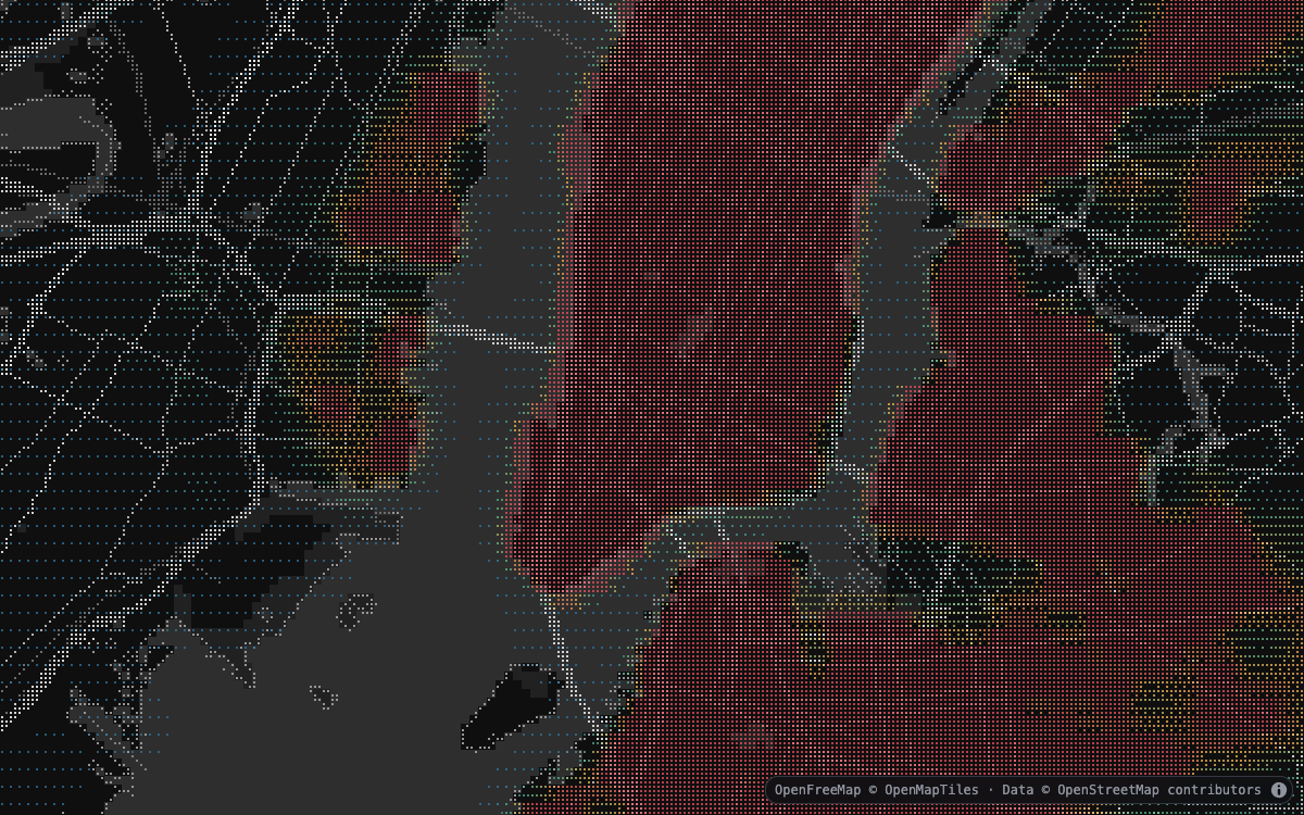 Pixelated pickup-density heatmap over New York City
