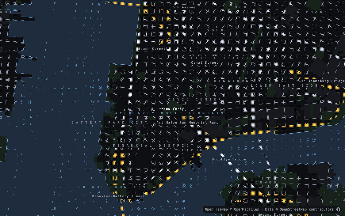 Lower Manhattan in the dark full-color theme