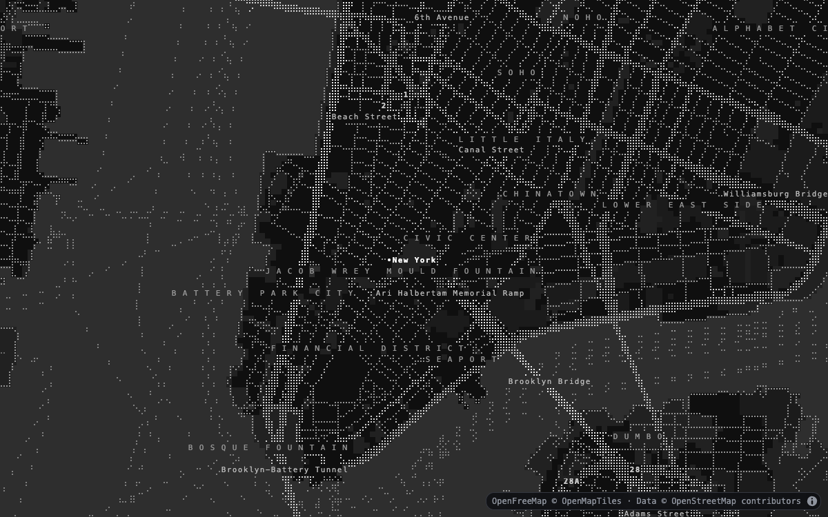 Lower Manhattan in the dark greyscale theme