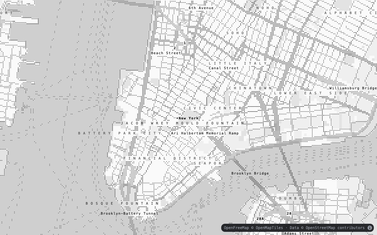 Lower Manhattan in the light greyscale theme