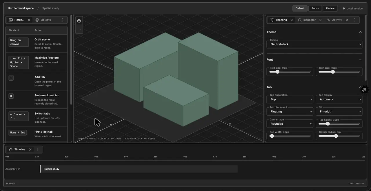 Quilt demo showing pane arrangements, scene interaction, and workspace presets