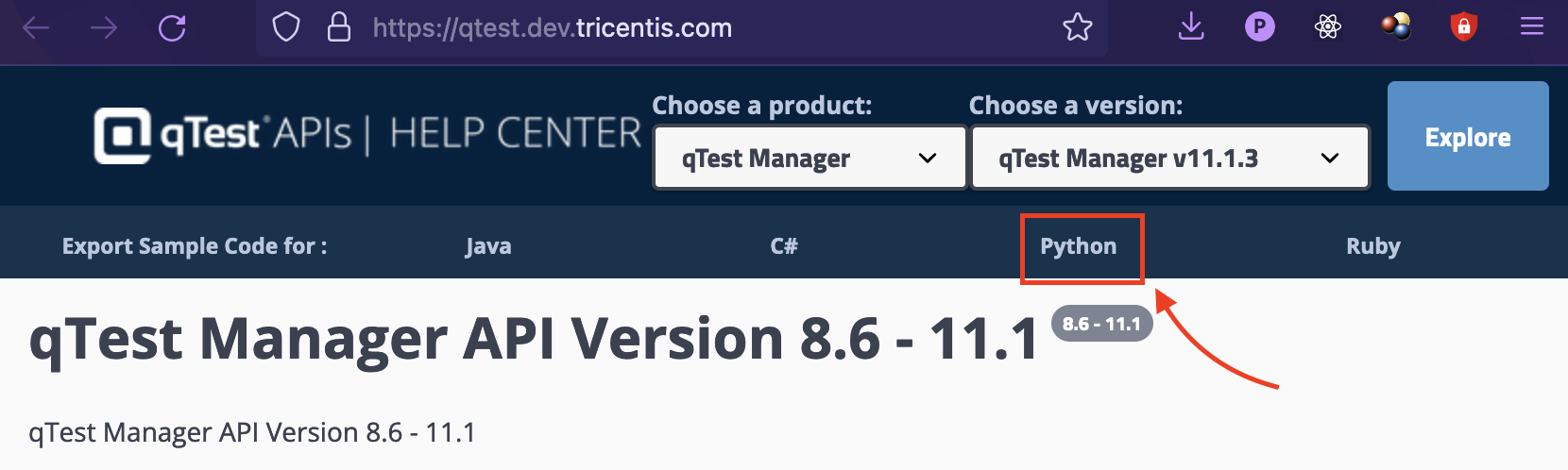 Arrow pointing to Python tab on API page