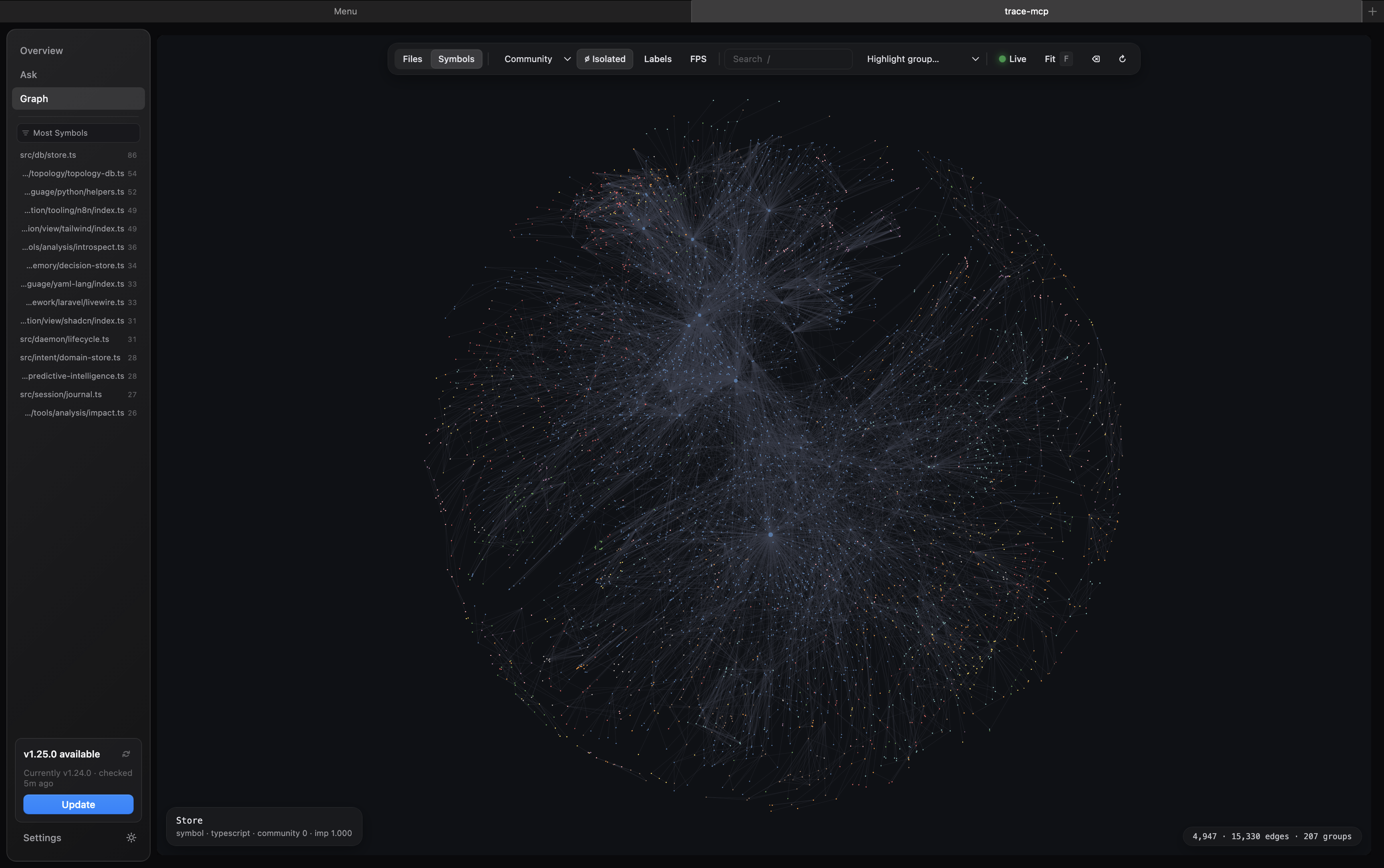 trace-mcp app — GPU graph explorer in dark mode