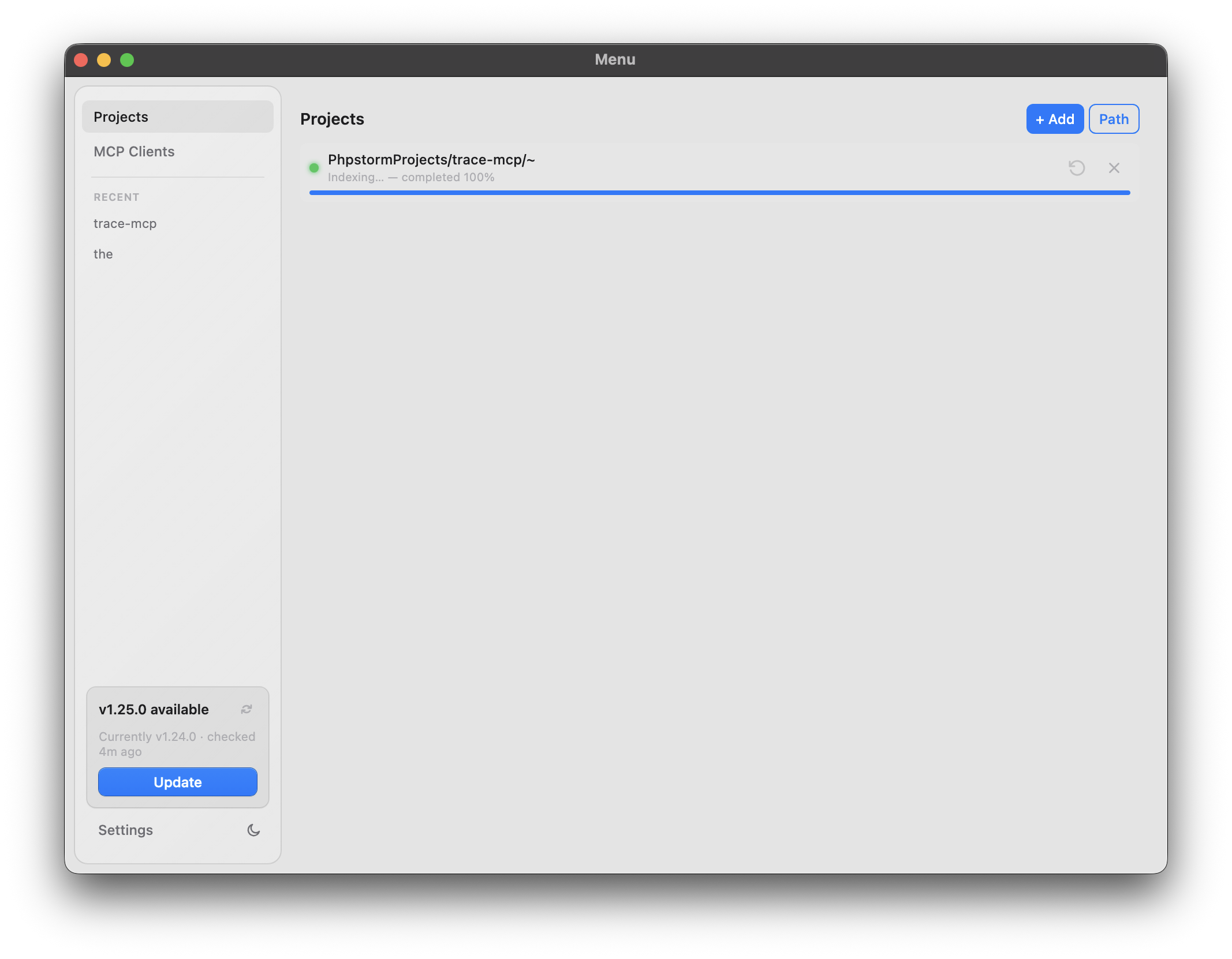trace-mcp app — Projects, MCP Clients, Settings