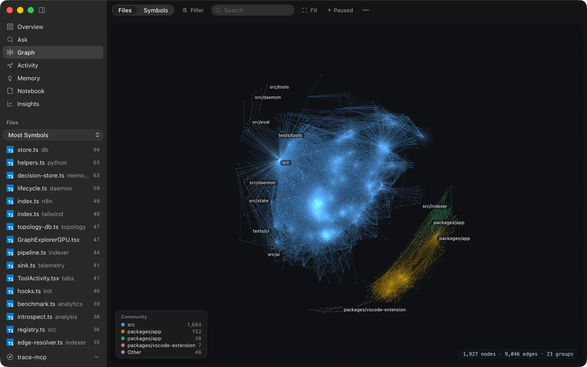 trace-mcp app — GPU graph explorer visualizing symbol connections, dark appearance