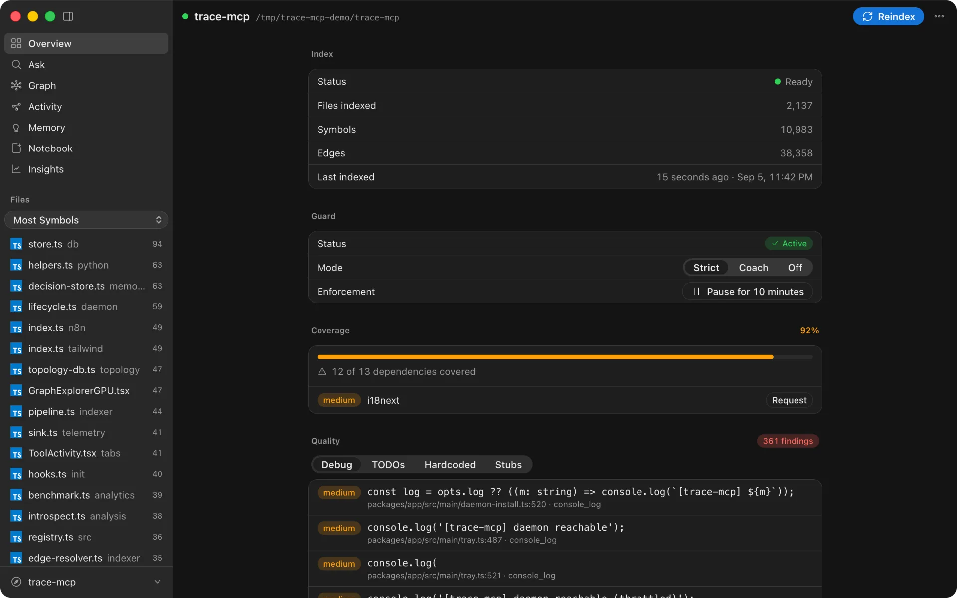 trace-mcp app — project Overview with index status, file and symbol counts, and dependency coverage, dark appearance