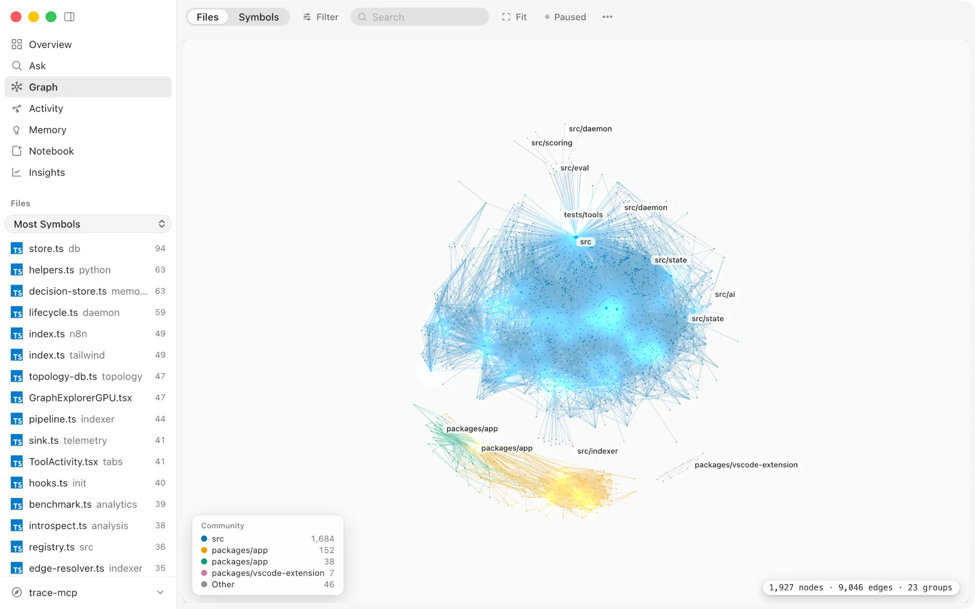 trace-mcp app — GPU graph explorer visualizing symbol connections, light appearance