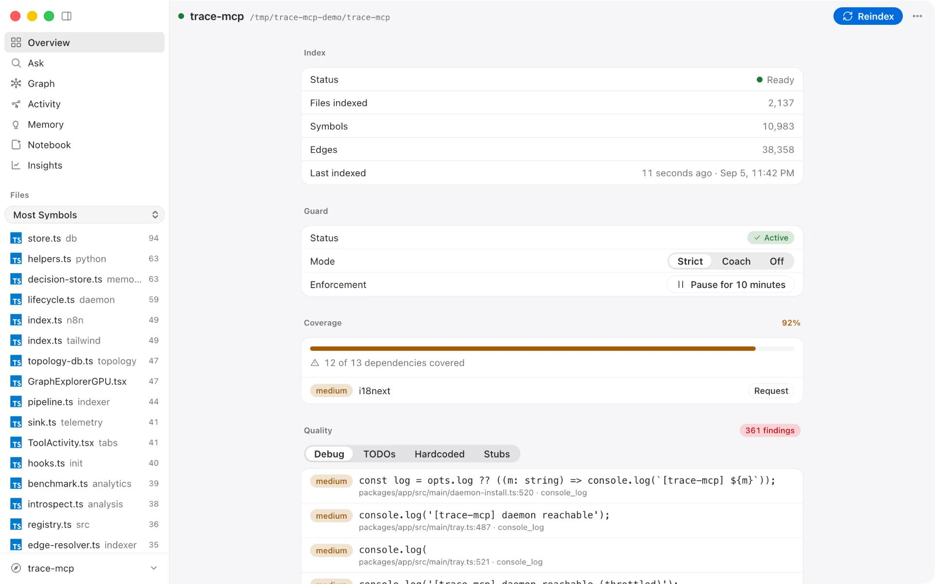 trace-mcp app — project Overview with index status, file and symbol counts, and dependency coverage
