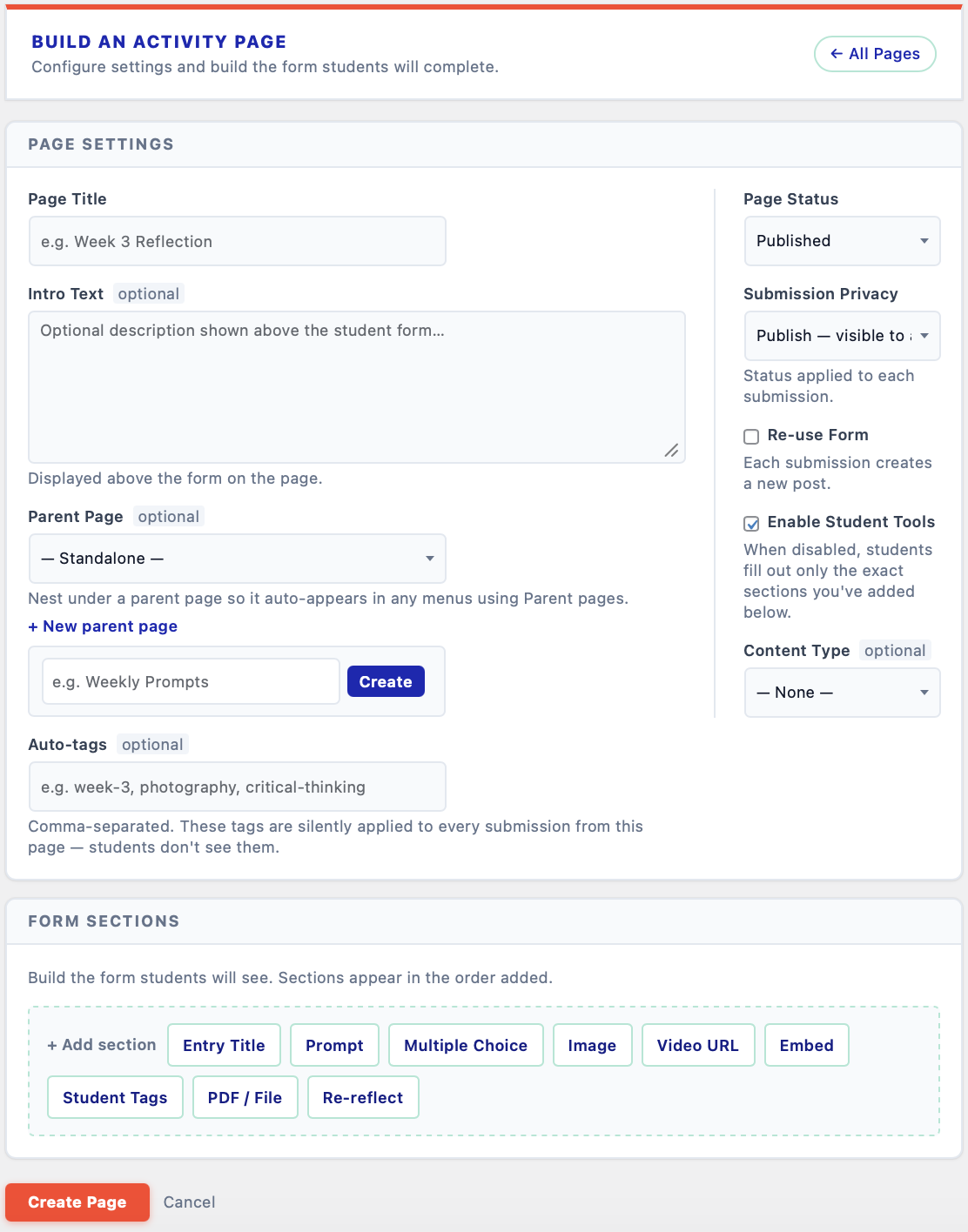 The Activity Builder page builder in the WordPress admin
