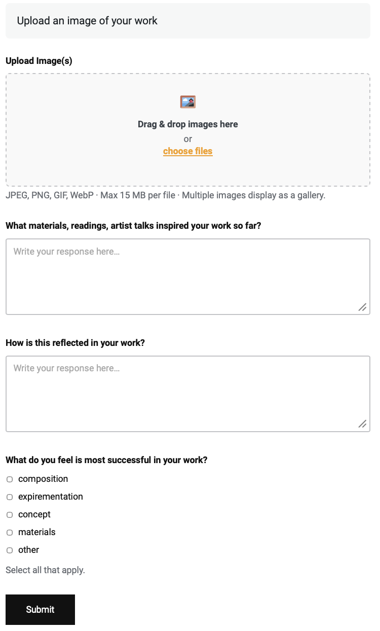 A student activity form with an image upload zone, text response prompts, and a multiple-choice question