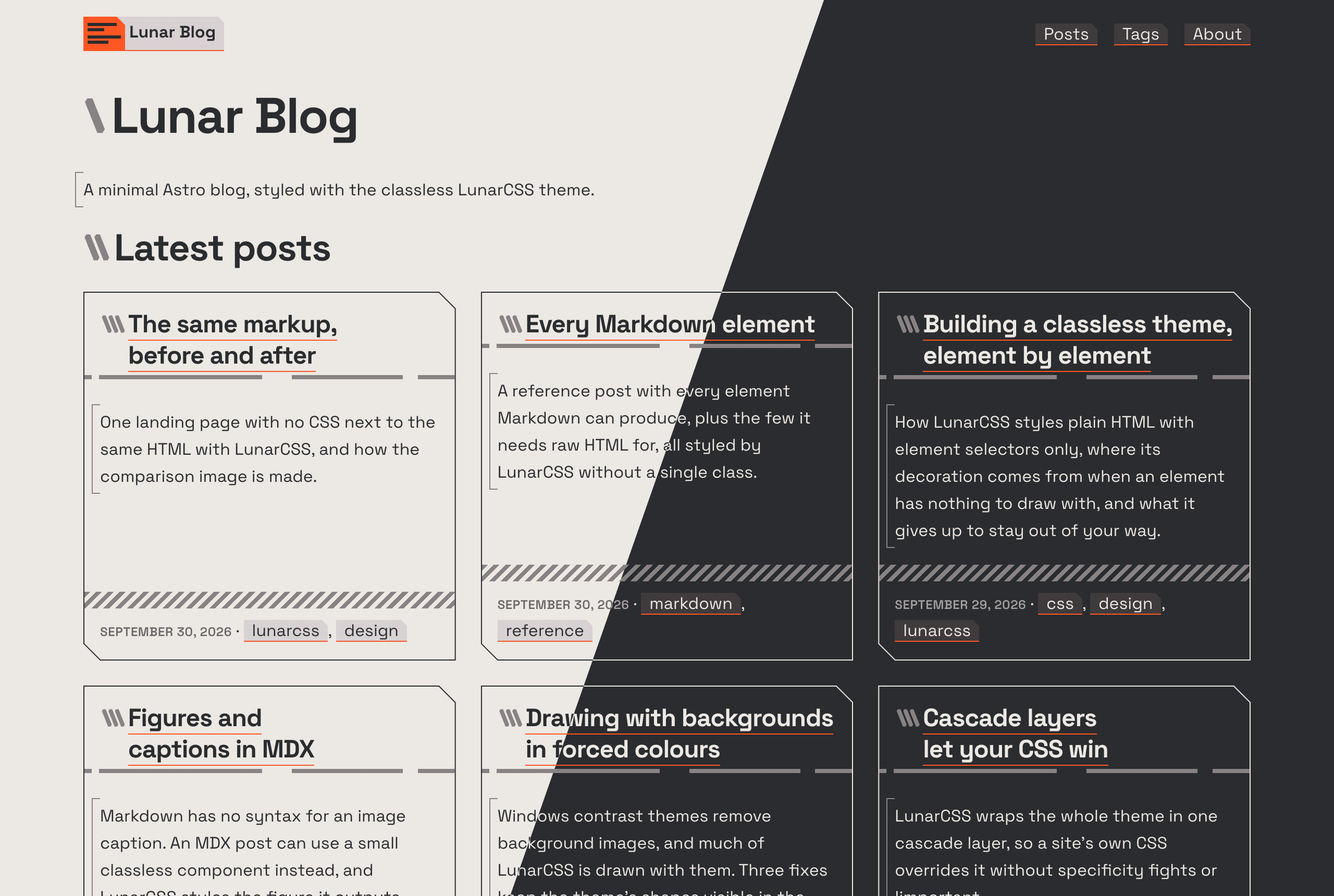 The Lunar Blog home page, split diagonally between the light and dark themes: the header with the logo and navigation, the intro, and a grid of post cards