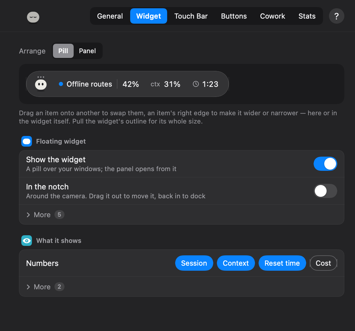 Settings: the widget itself, to arrange