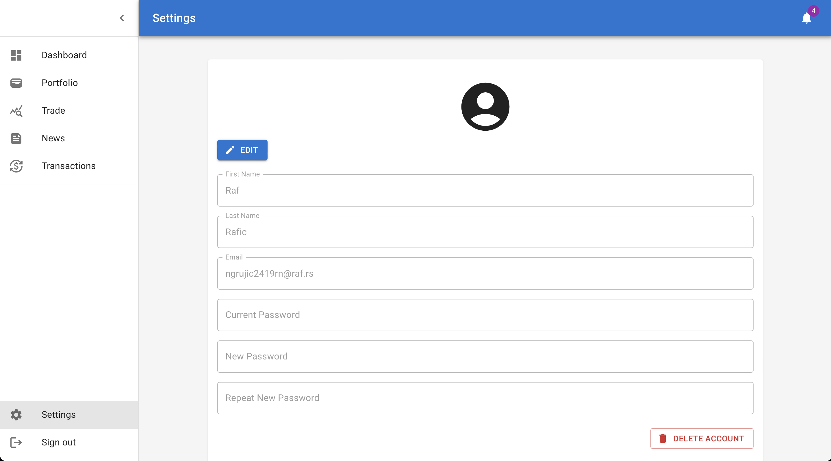 Settings page
