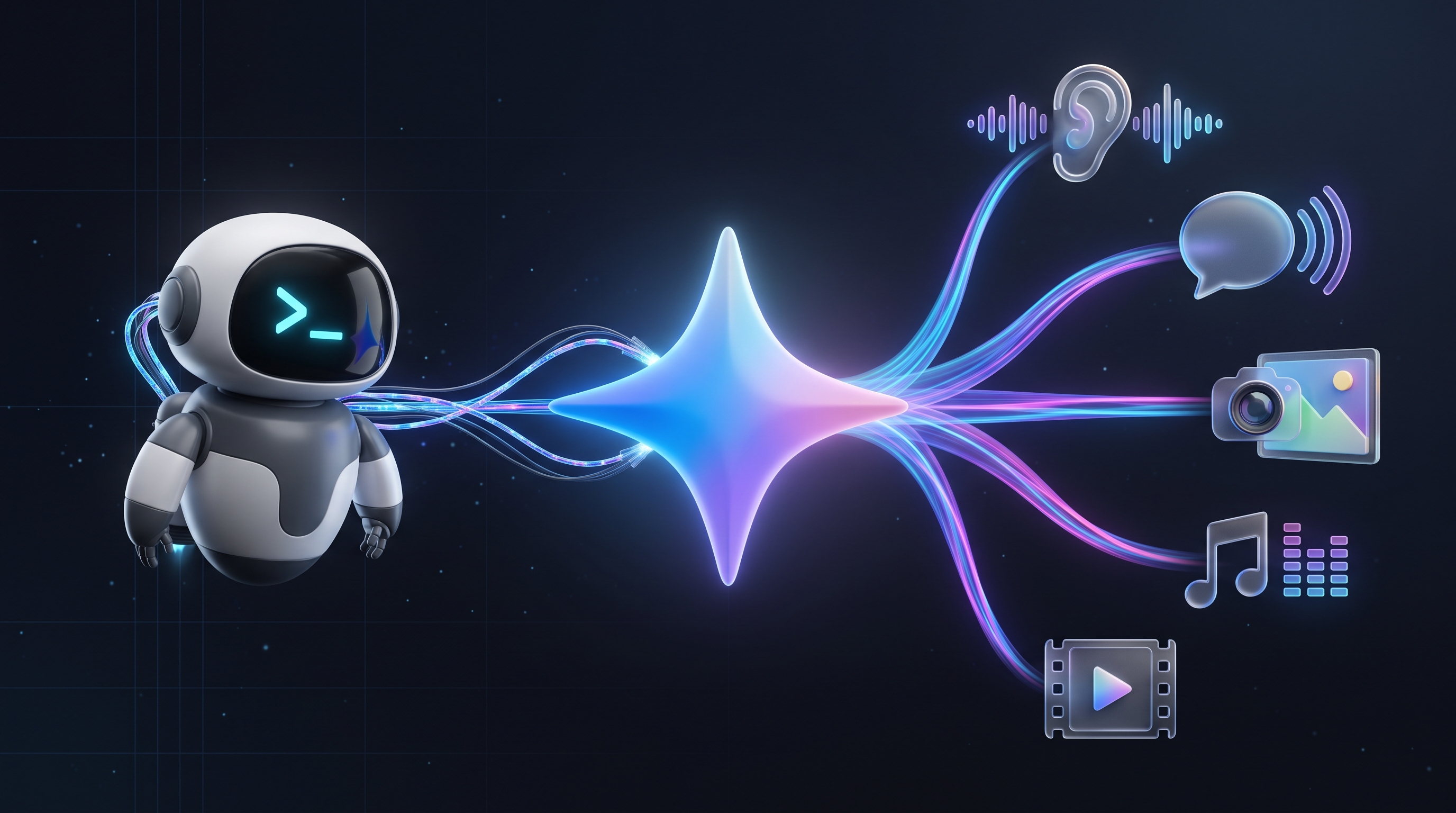 A coding agent connected through the Gemini sparkle to hearing, voice, images, music, and video