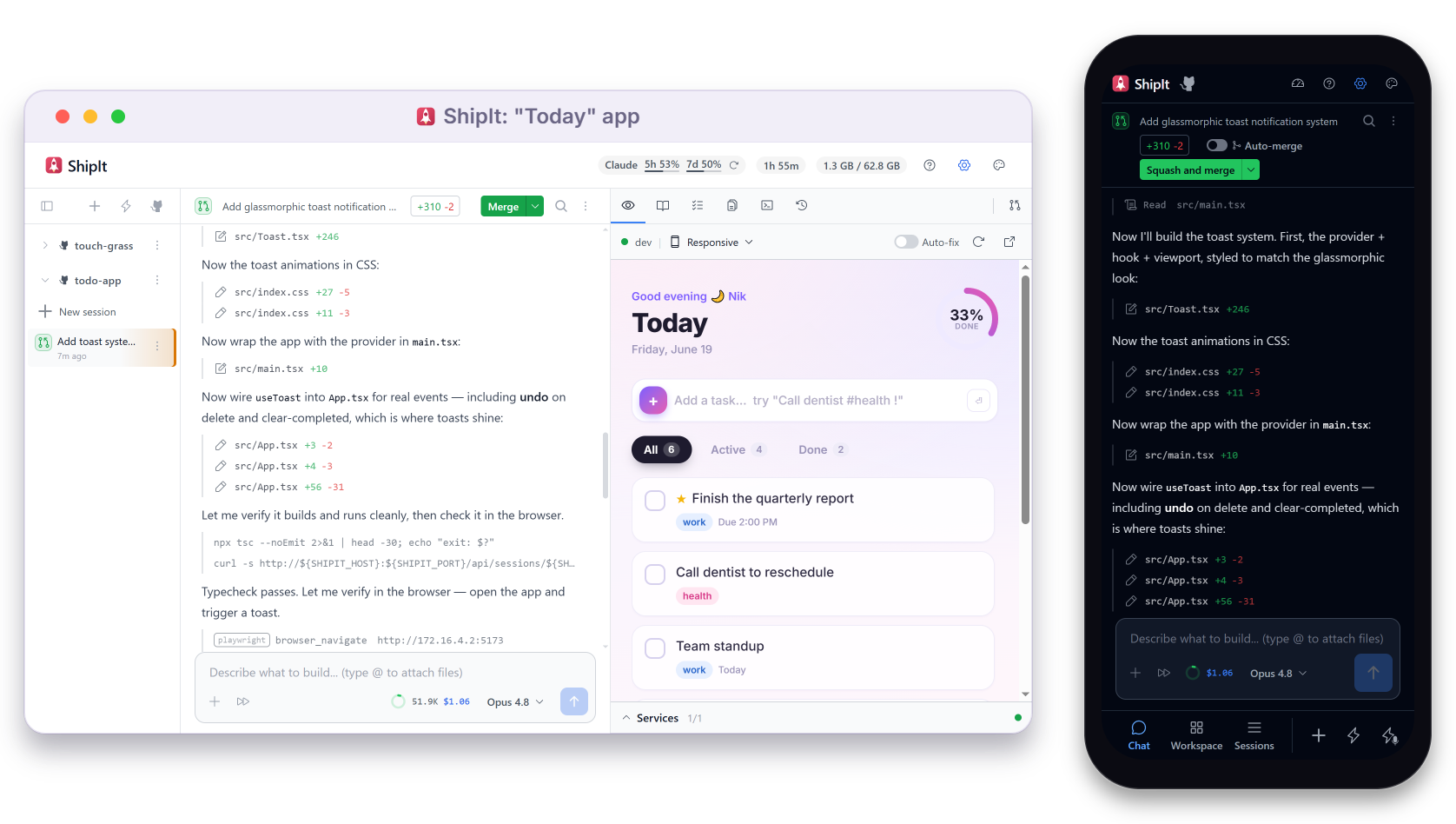ShipIt: chat, live preview, and the inline PR card in one screen