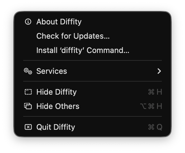 The Diffity menu with Install ‘diffity’ Command…