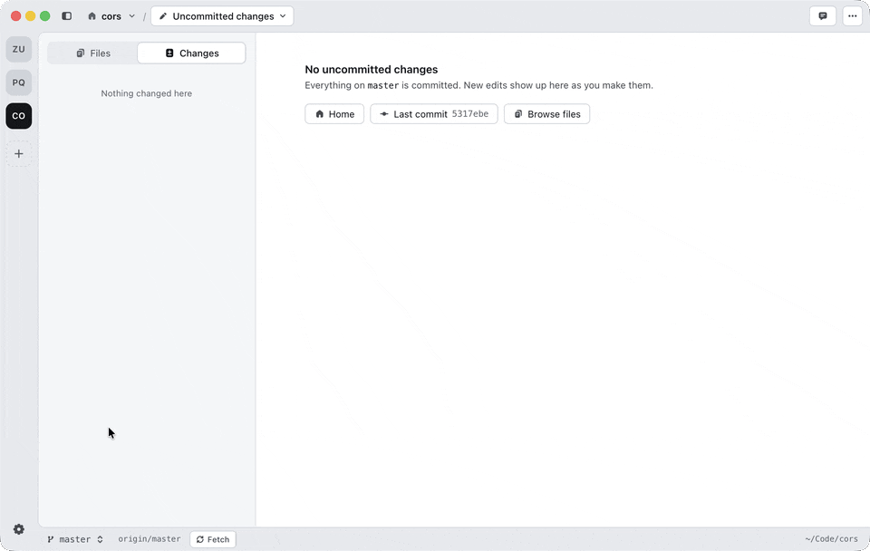 Checking out a pull request from the branch switcher and opening the review panel